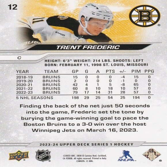 Trent Frederic - 2023/2024 Upper Deck Series 1 Hockey Card - Picture 2 of 2